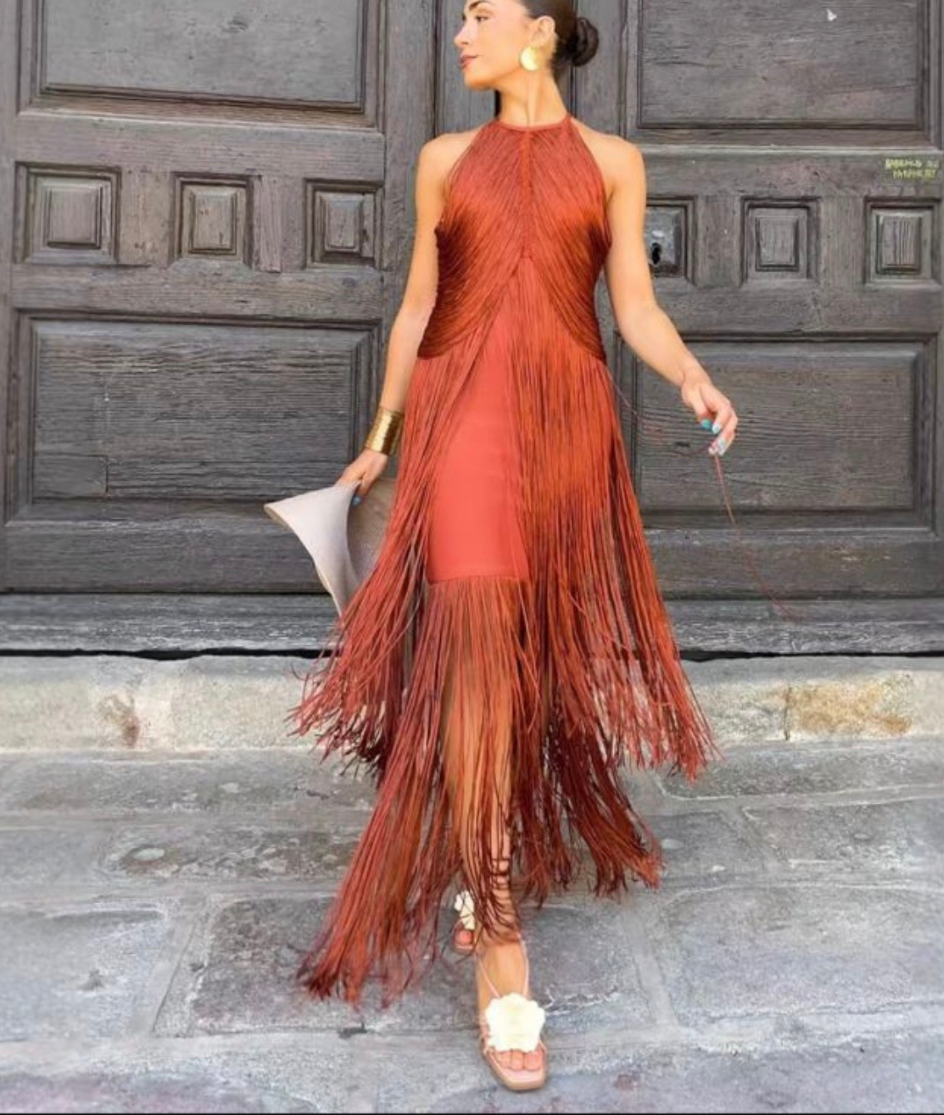 Rust Fringe Flow Dress