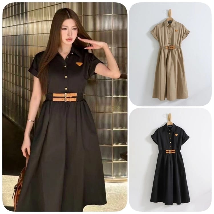Elegant Noir Belted Midi Shirt Dress