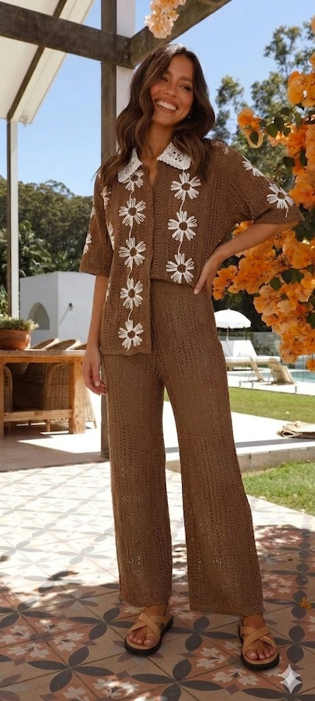 Crochet-Knit Set in Terracotta Brown