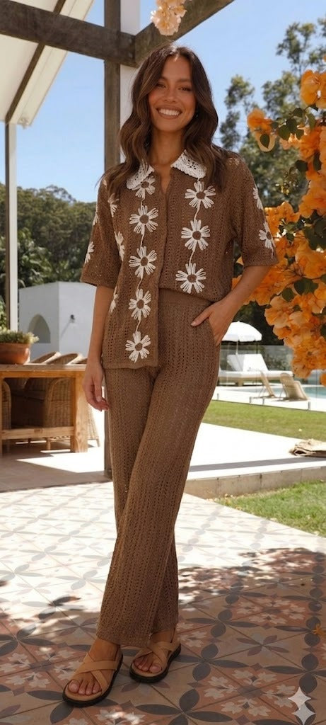 Crochet-Knit Set in Terracotta Brown